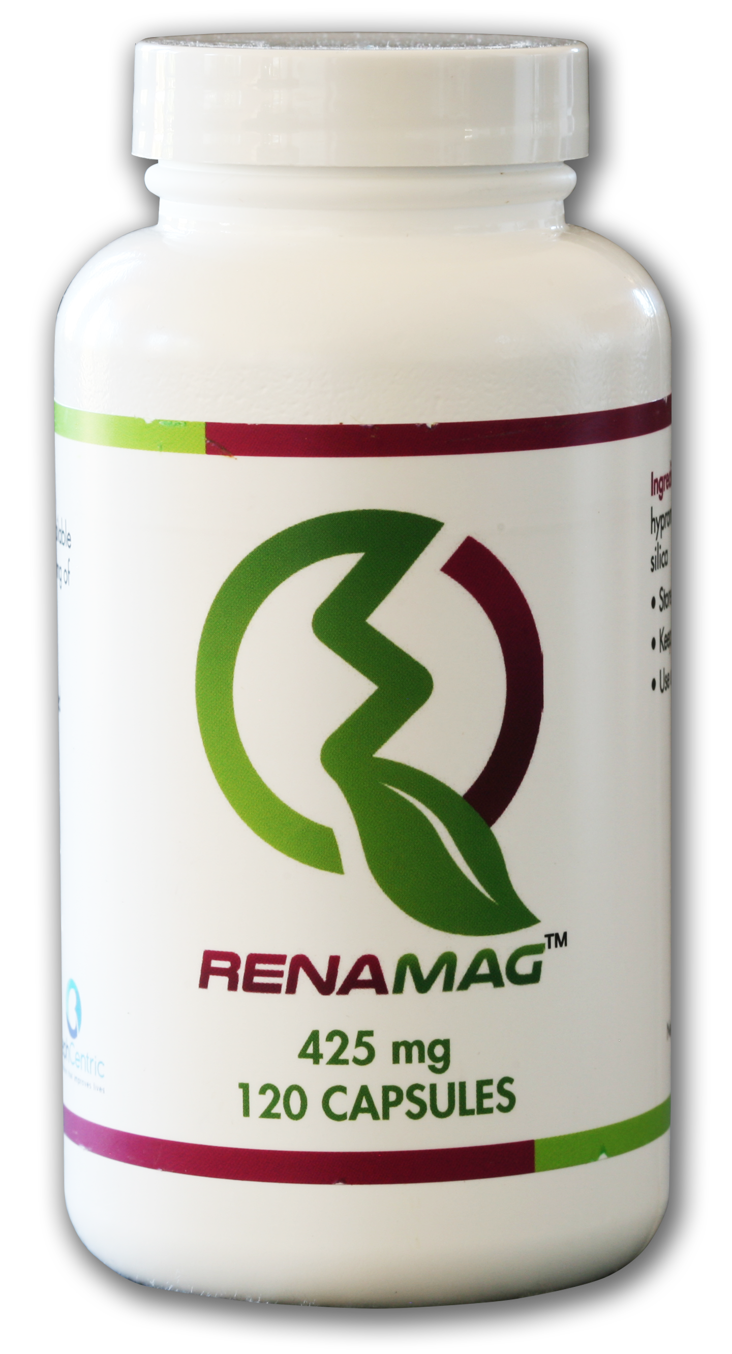 A bottle of Renamag 425mg capsules containing 120 veggie capsules.